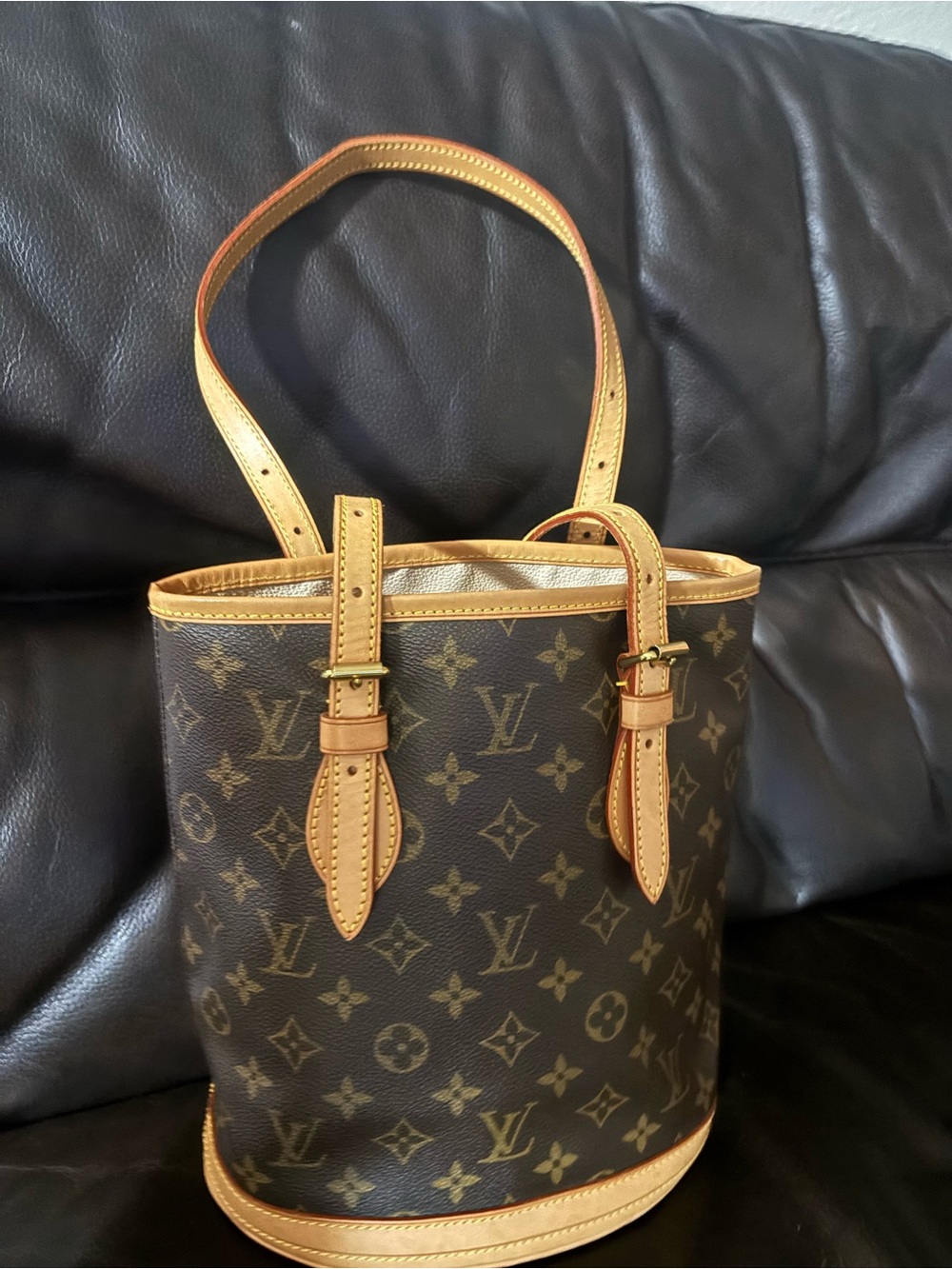Louis Vuitton Monogram Canvas Bucket Shoulder Bag in Brown and Tan